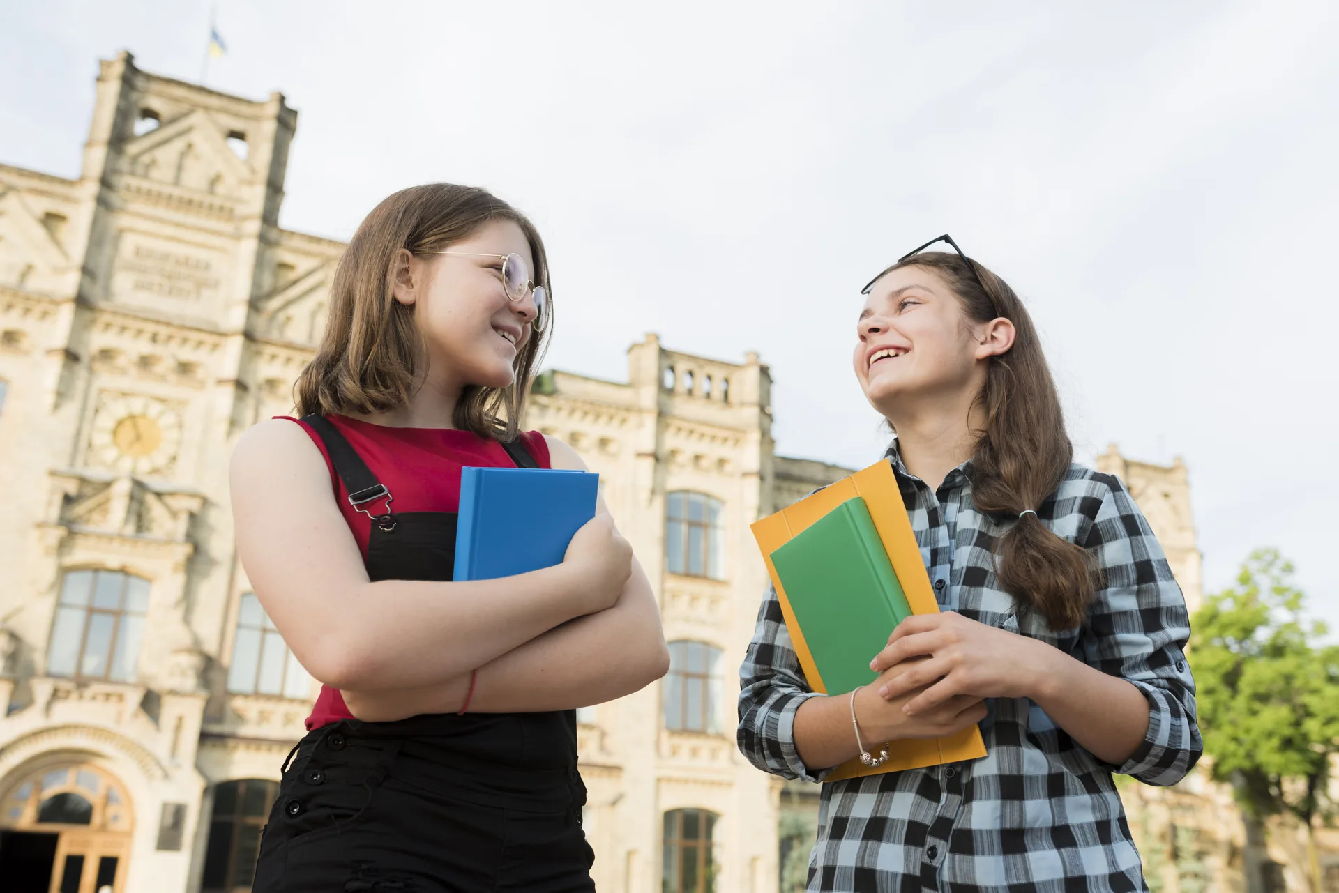 students talking university campus
